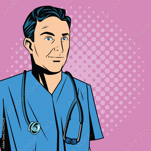 Doctor cartoon with uniform. Medical care pop art comic and retro theme. Colorful and pointed design. Vector illustration