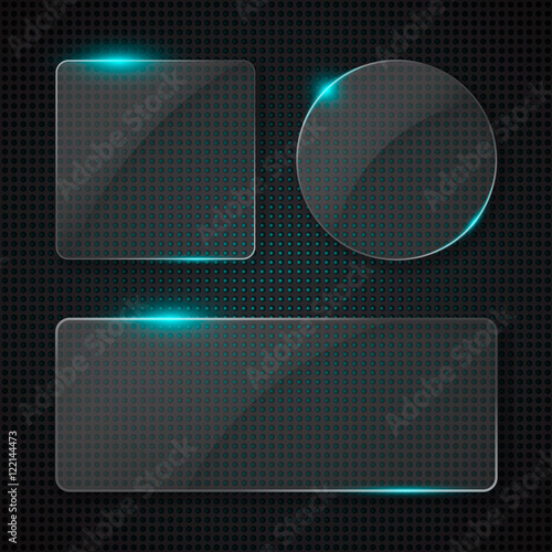 Set of transparent glass banners with glowing lights over techno style background. Vector illustration.