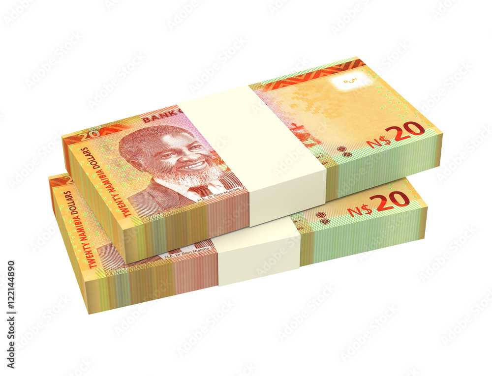 Namibian dollars bills isolated on white background. 3D illustration. Namibian dollars bills isolated on white background. 3D illustration.