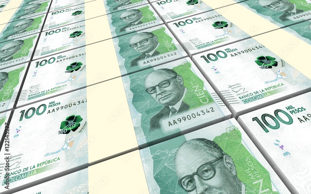 Fototapeta premium Colombian pesos bills stacks background. 3D illustration.