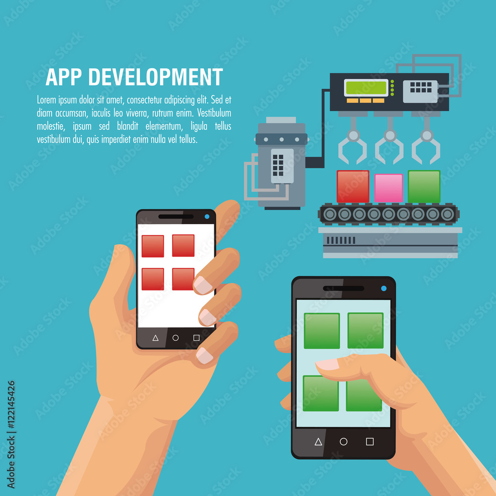 Human hand cubes and smartphone icon. App development and programming theme. Colorful design. Vector illustration Human hand cubes and smartphone icon. App development and programming theme. Colorful design. Vector illustration