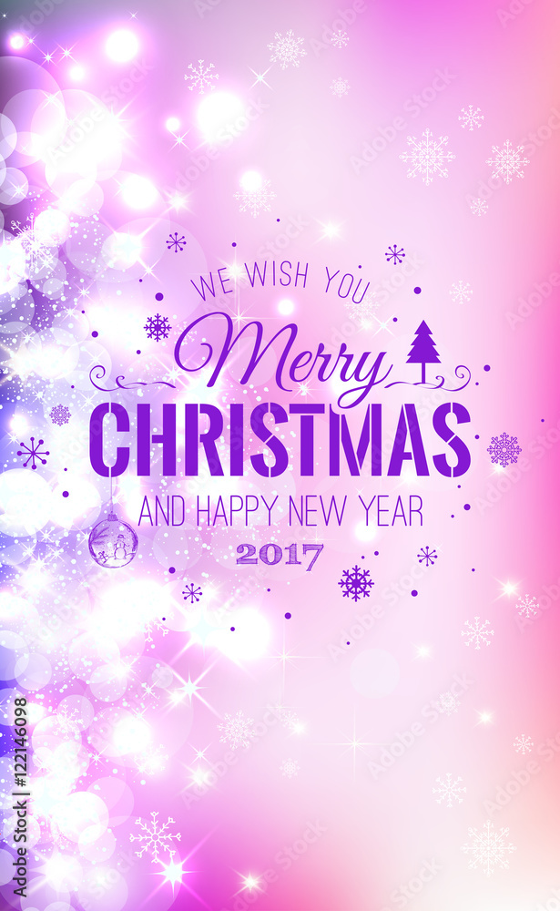 Christmas And New Year Typographical on Pink Xmas background with snowflakes, light, stars. Vector Illustration. Xmas card