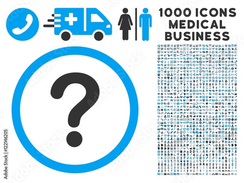 Question icon with 1000 medical commerce gray and blue vector pictograms. Design style is flat bicolor symbols, white background.