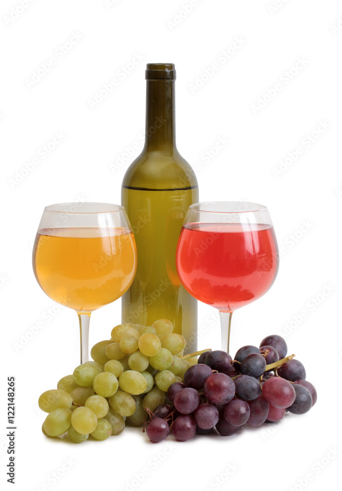 Bottle glass of wine and grapes on white background