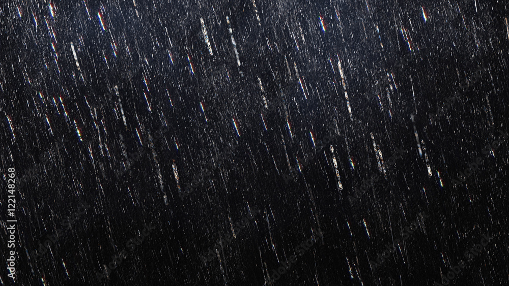 Falling raindrops footage animation in slow motion on dark black background with fog, lightened from top, rain animation with start and end, perfect for film, digital composition, projection mapping - obrazy, fototapety, plakaty 
