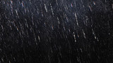 Falling raindrops footage animation in slow motion on dark black background with fog, lightened from top, rain animation with start and end, perfect for film, digital composition, projection mapping