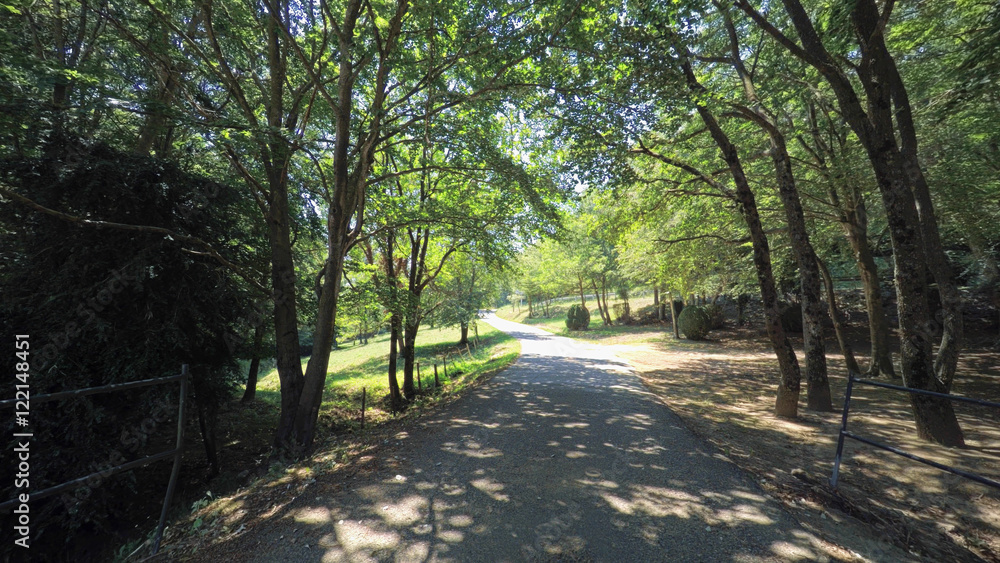 BESALU CATALONIA SPAIN - JULY 2016: Smooth steady camera shot slides along dirt country european road in mountain village forest with fields, bushes and trees, wide panoramic lens, sun is shining. BESALU CATALONIA SPAIN - JULY 2016: Smooth steady camera shot slides along dirt country european road in mountain village forest with fields, bushes and trees, wide panoramic lens, sun is shining.