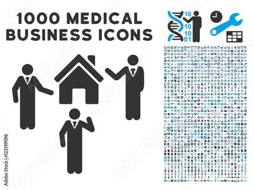 Realty Discuss Persons icon with 1000 medical commerce gray and blue vector pictographs. Collection style is flat bicolor symbols, white background.