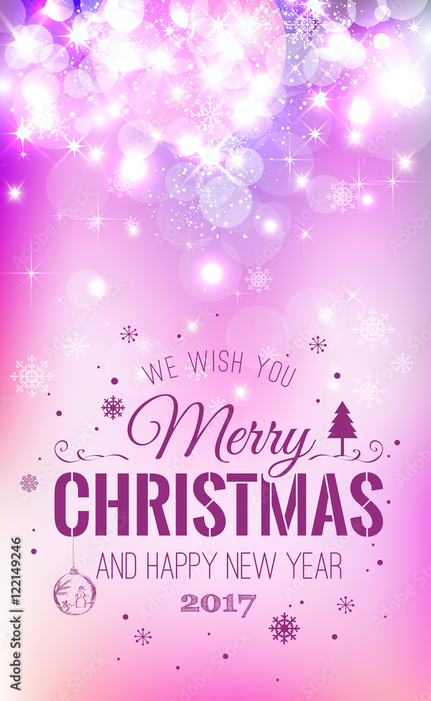 Christmas And New Year Typographical on Pink Xmas background with snowflakes, light, stars. Vector Illustration. Xmas card Christmas And New Year Typographical on Pink Xmas background with snowflakes, light, stars. Vector Illustration. Xmas card