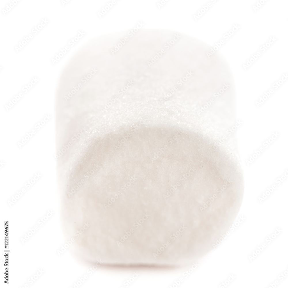 One Fluffy white marshmallow macro isolated over white backgroun One Fluffy white marshmallow macro isolated over white backgroun