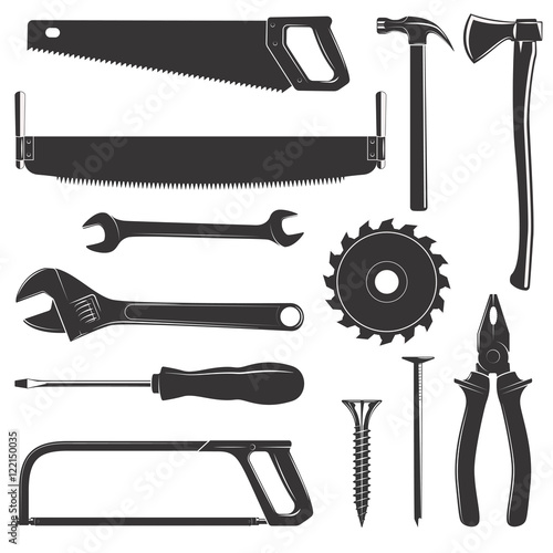 Set of tools for wood, metal and other construction work isolated on white background. Vintage illustration