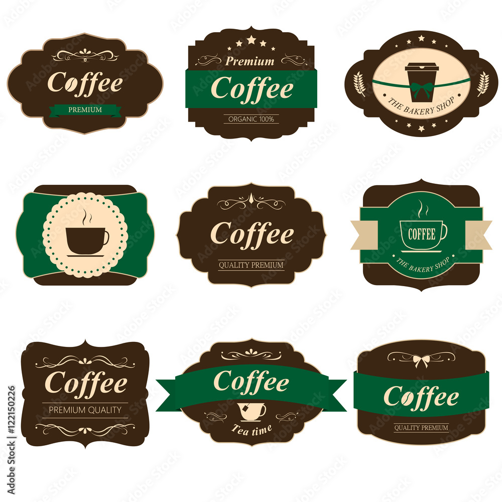Set of coffee labels and elements for design vintage style. Vector label.