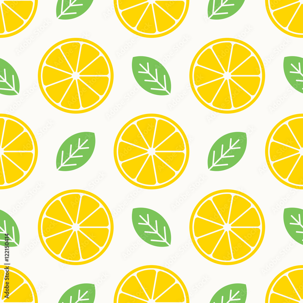 seamless pattern of lemon slices and leaves.