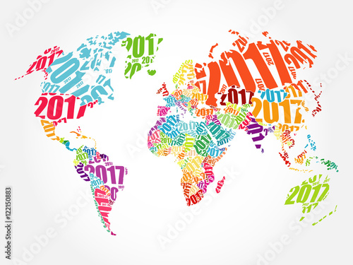 2017 Happy New Year  World Map in Typography word cloud collage concept
