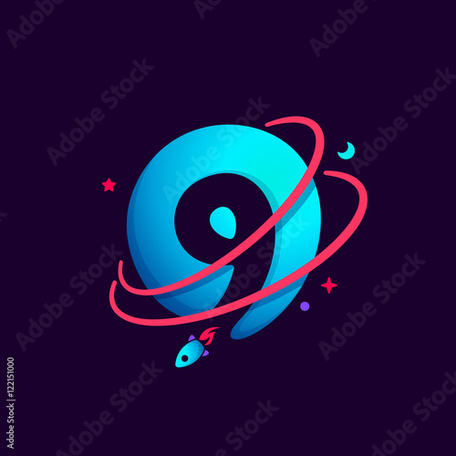 Number nine logo with planet, rocket and orbits lines. 9 icon.