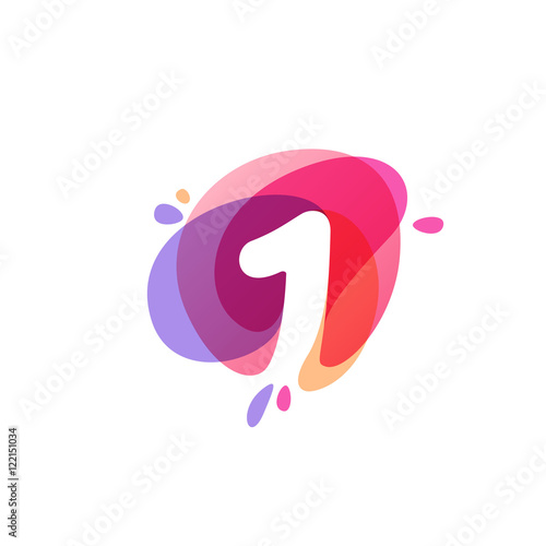 Number one logo at colorful watercolor splash background. 1 icon