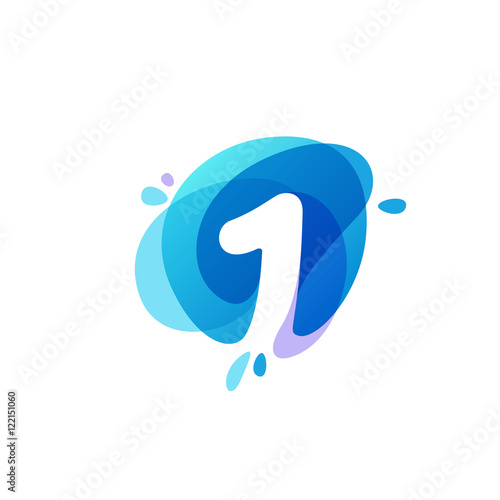 Number one logo at blue water splash background. 1 icon.