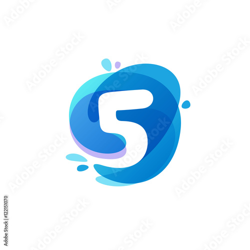 Number five logo at blue water splash background. 5 icon.