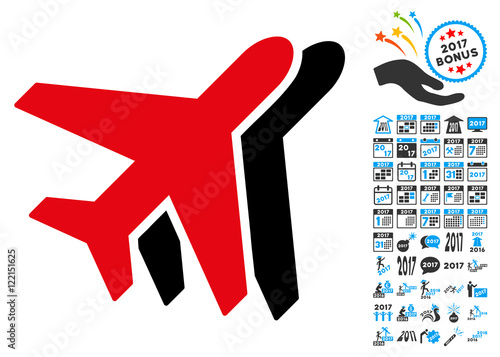Airplanes icon with 2017 year bonus vector pictographs. Design style is flat symbols, white background.