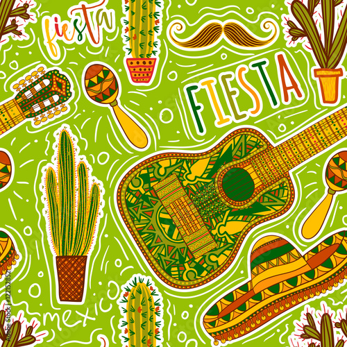 Mexican Fiesta Party. Seamless pattern with maracas, sombrero, mustache, cacti and guitar. Design concept for invitation, banner, card, t-shirt, print, poster. Hand drawn vector illustration