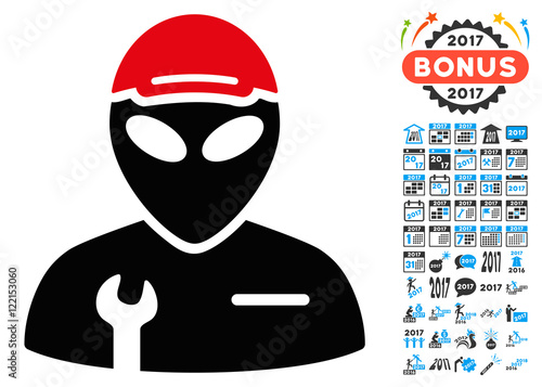Alien Serviceman icon with 2017 year bonus vector design elements. Collection style is flat symbols, white background.