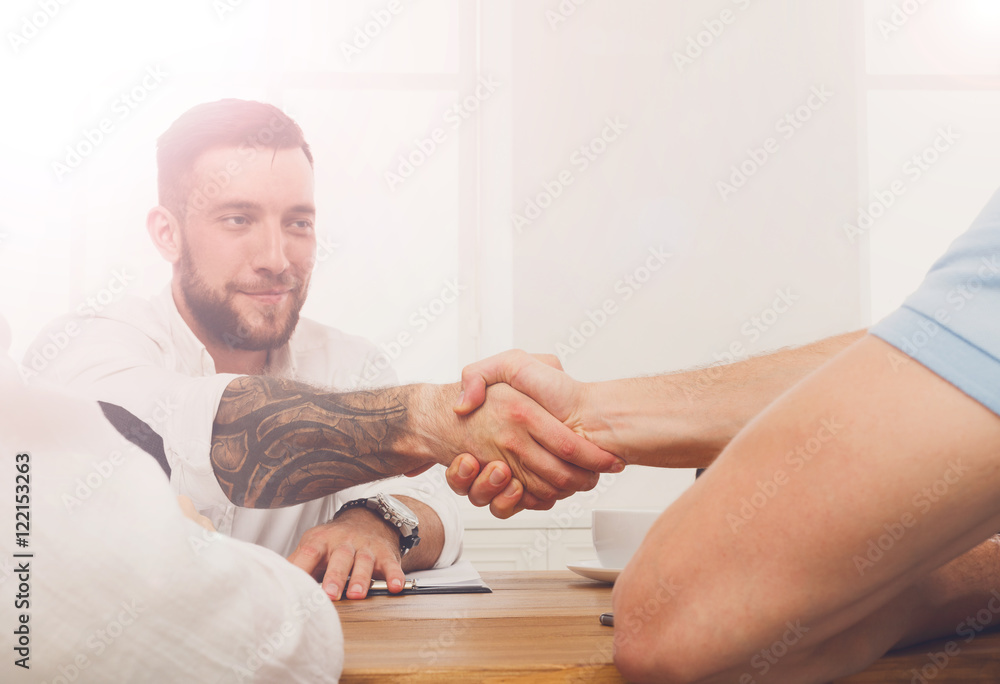 Business handshake at office meeting, contract conclusion and su