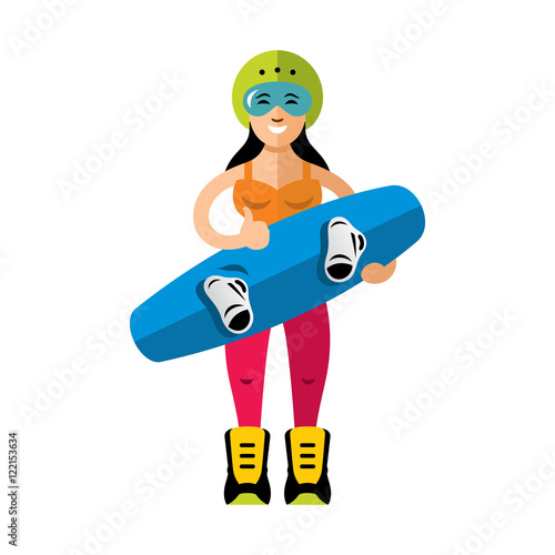 Vector Wakeboarding Woman. Flat style colorful Cartoon illustration.