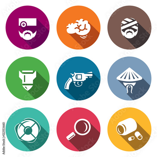Vector Set of Military Rehabilitation Icons. Health, Mind, Contusion, War, Suicide, Vietnam, Salvation, Diagnosis, Treatment.