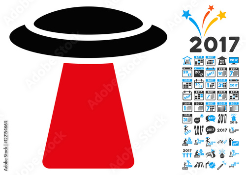 Ufo Ray icon with 2017 year bonus vector design elements. Design style is flat symbols, white background.