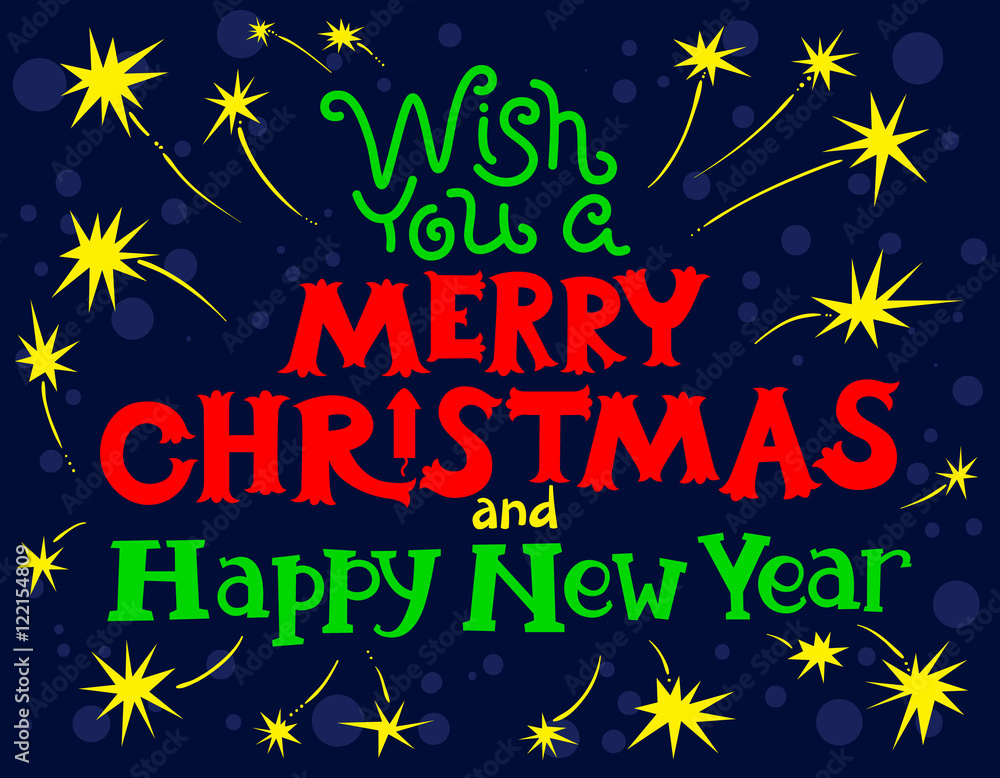 Merry Christmas and New Year lettering, seasonal card with sparklers Merry Christmas and New Year lettering, seasonal card with sparklers