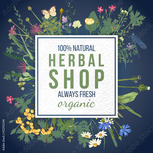 Herbal shop emblem with herbs and flowers