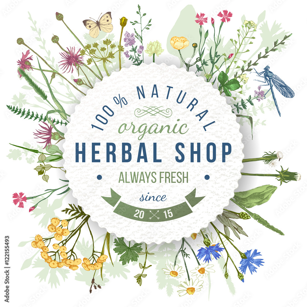 Herbal shop round emblem with herbs and flowers