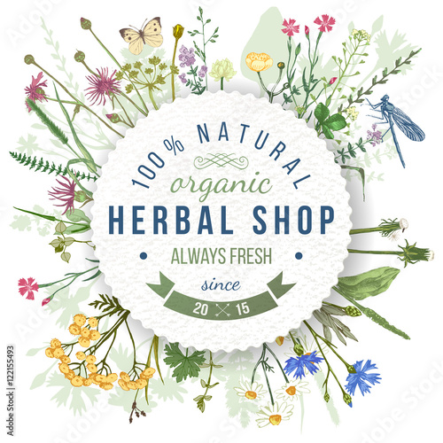 Herbal shop round emblem with herbs and flowers photo