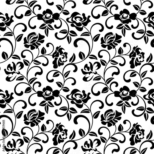 Seamless pattern with black flowers on white background. The pattern can be used for printing on textiles, wallpaper, packaging