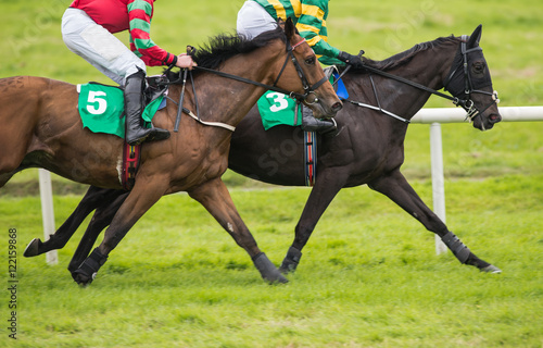 Two horses and jockeys competing for position during a race
