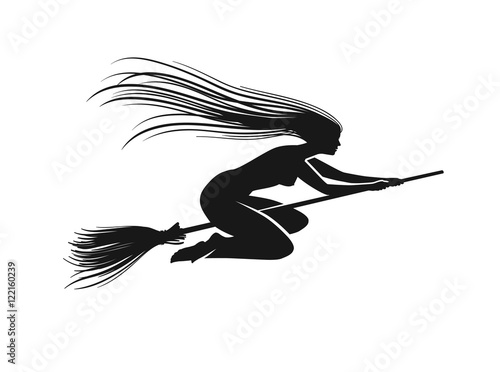 Witch on broomstick. Black silhouette. Vector