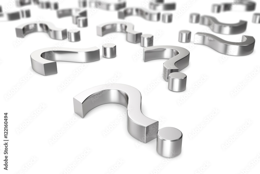 Chrome, metallic question marks on a white background with the effect depth of field. 3d rendering Chrome, metallic question marks on a white background with the effect depth of field. 3d rendering
