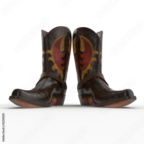 Brown Cowboy Boots with ornamental stitching on white. 3D illustration