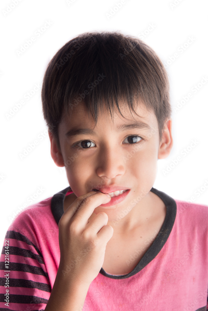 Little boy bite his nail finger Little boy bite his nail finger