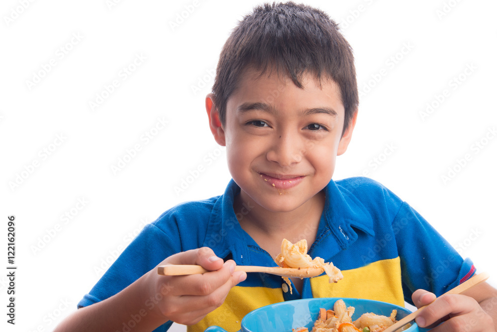 Little boy eating macaroni pasta healthy food Little boy eating macaroni pasta healthy food