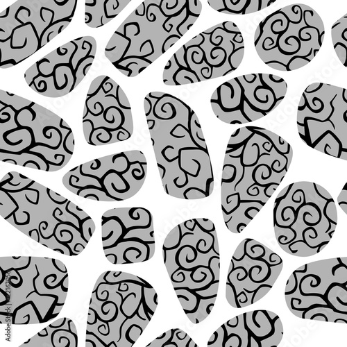 Seamless pattern of painted gray stones on white background.