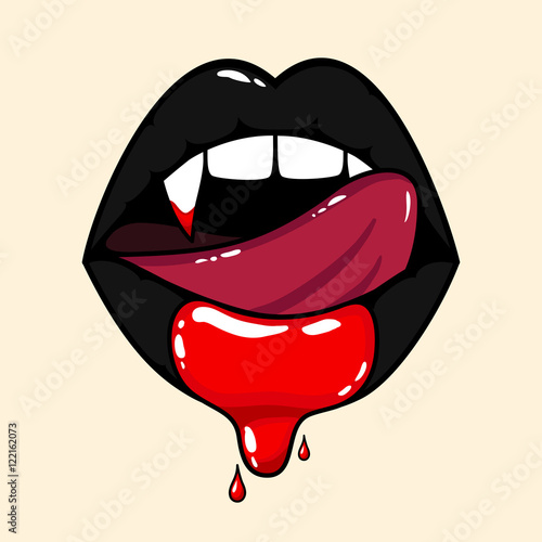 Vampire woman mouth with blood. Tongue licking black lips. Halloween vector illustration