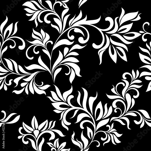 Seamless vector pattern: fantastic flowers on a black background