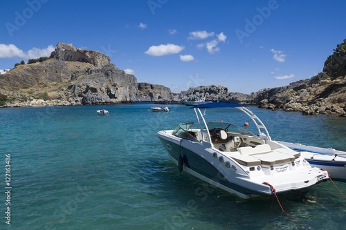 Boats moored in Saint Paul Bay, Lindos