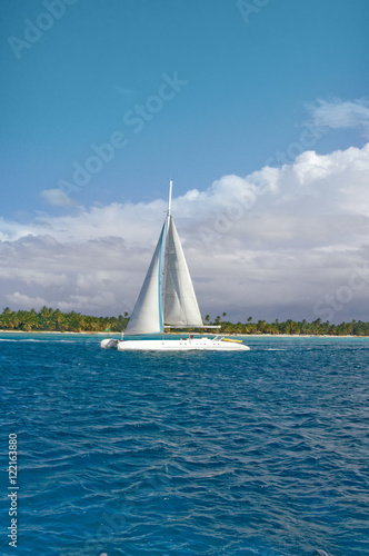 nice white pleasure sail boats catamaran in Caribbean sea , Dominican Republic