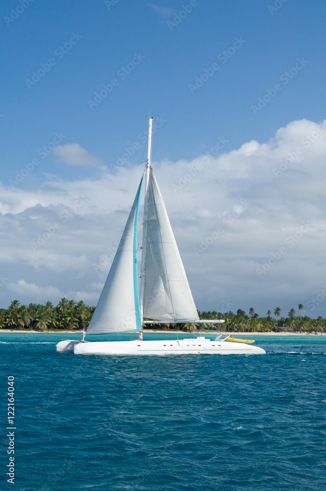 nice white pleasure sail boats catamaran in Caribbean sea , Dominican Republic