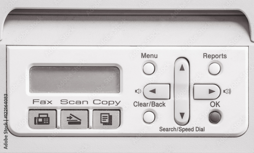 Closeup surface screen of old photocopier and fax machine in the office textured background in black and white tone Closeup surface screen of old photocopier and fax machine in the office textured background in black and white tone