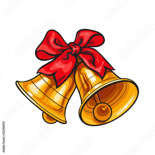 Golden Christmas bells with a red bow, cartoon vector illustration isolated on white background. Traditional pair of Xmas bells with a red ribbon, Christmas decoration element