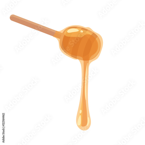 Wooden honey dipper, cartoon style vector illustration isolated on white background. Transparent liquid golden colored honey dripping from a wooden honey dipper