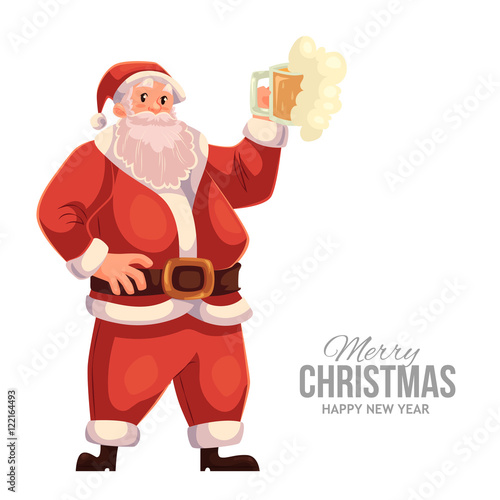Cartoon style Santa Claus raising a beer glass, Christmas vector greeting card. Full length portrait of Santa with a glass of beer, greeting card template for Christmas eve